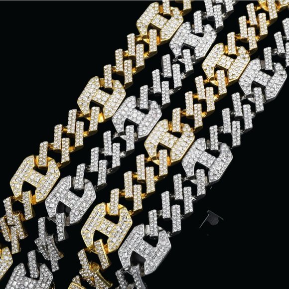 Prong Cuban Link Chain Choker Necklace Bracelet Set - Picture 2 of 3